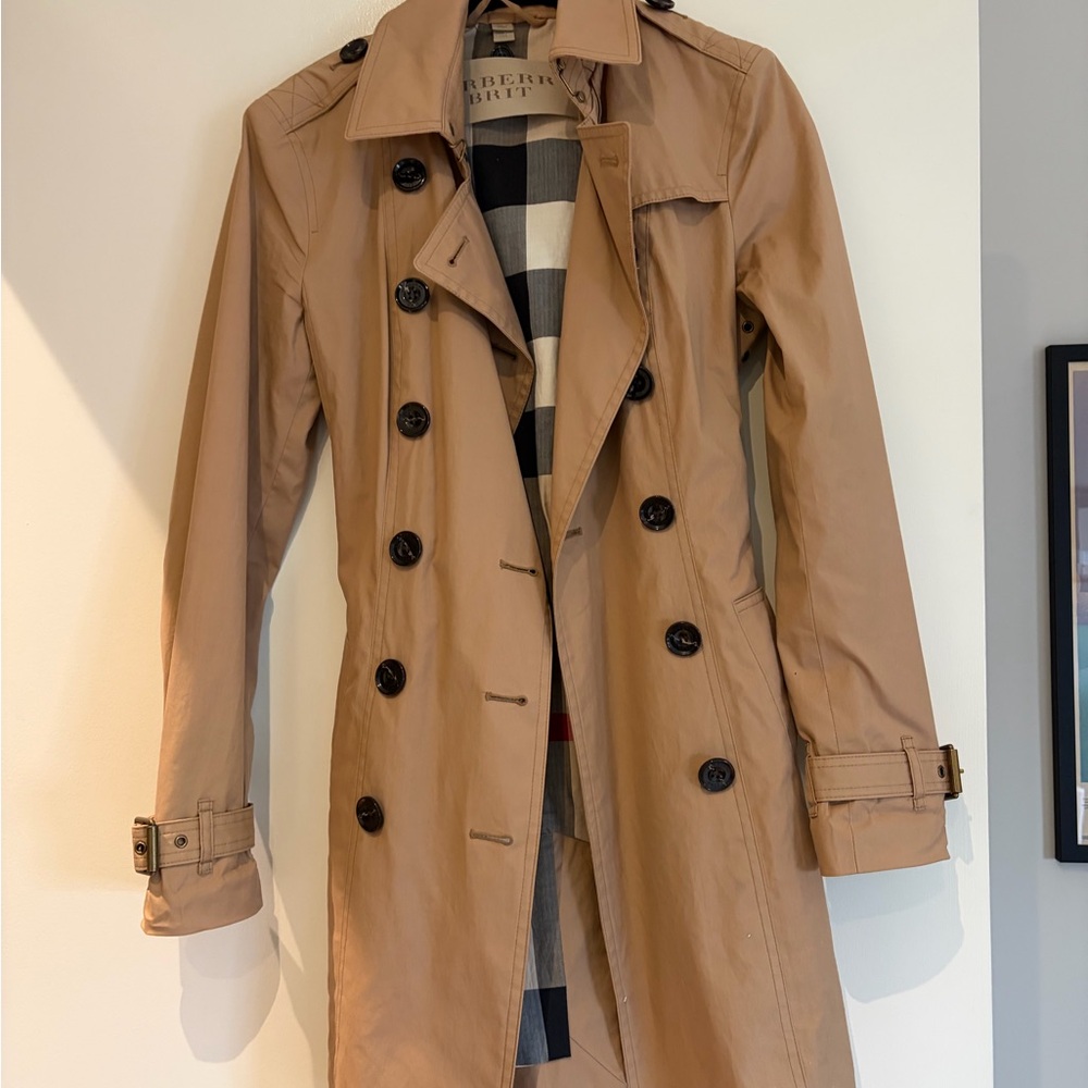 Burberry Brit trench coat with classic Burberry plaid lining